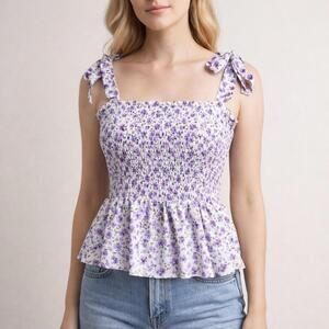 Floral Smocked Peplum Tank Top Tie Shoulder Cottagecore Coquette Purple White M